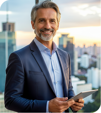 Executivo sorrindo com tablet
